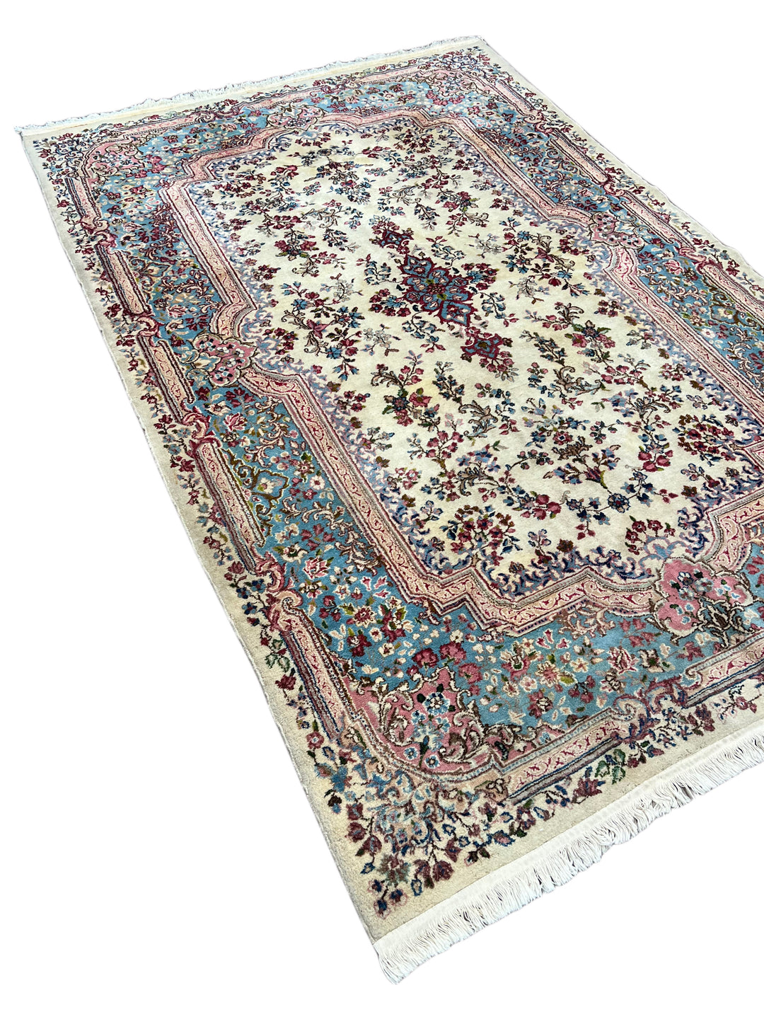 Ivory, Light Blue &amp; Dusty Pink Floral Kerman Style Rug, Circa 1960 – 5’11” x 8’11”