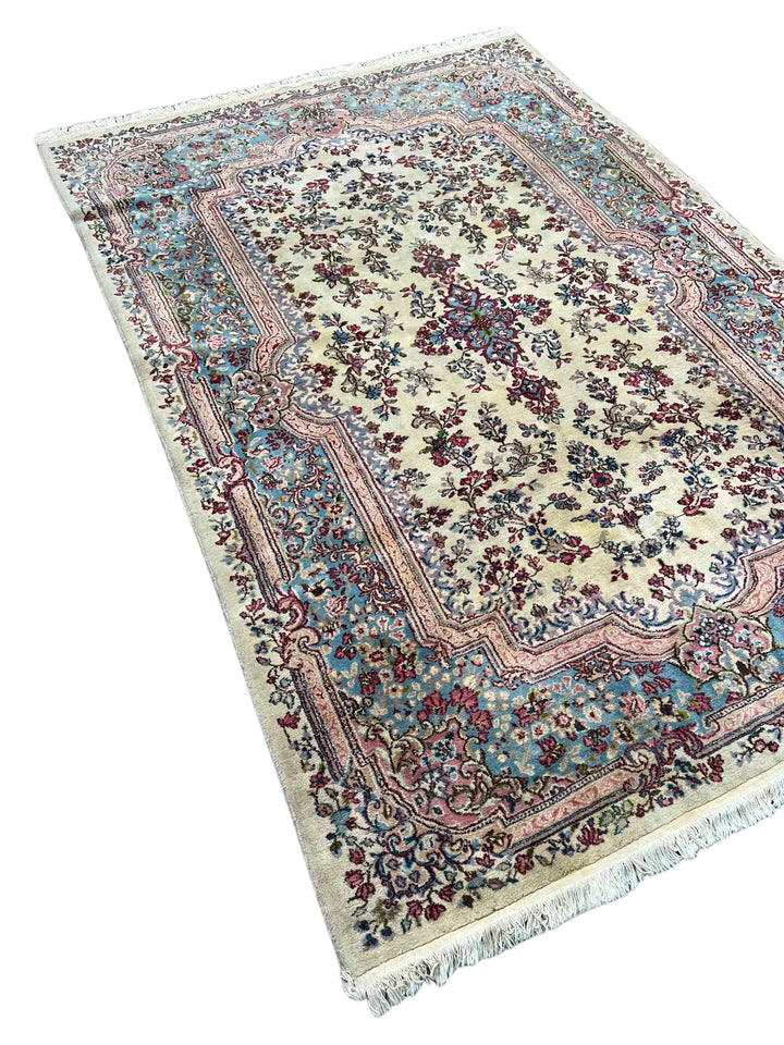 Ivory, Light Blue &amp; Dusty Pink Floral Kerman Style Rug, Circa 1960 – 5’11” x 8’11”