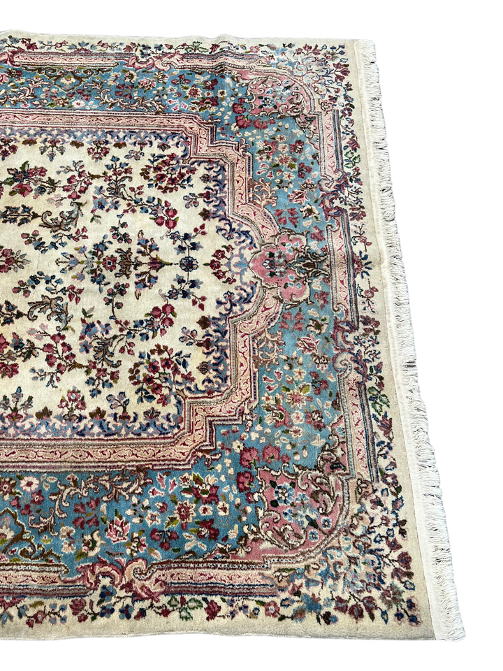 Ivory, Light Blue &amp; Dusty Pink Floral Kerman Style Rug, Circa 1960 – 5’11” x 8’11”