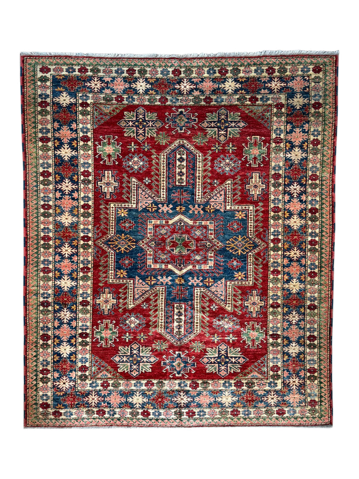 Rich Red &amp; Deep Blue Geometric Kazak Style Rug – 7’5” x 8’9”