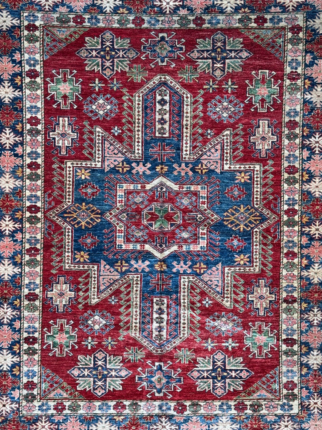 Rich Red &amp; Deep Blue Geometric Kazak Style Rug – 7’5” x 8’9”