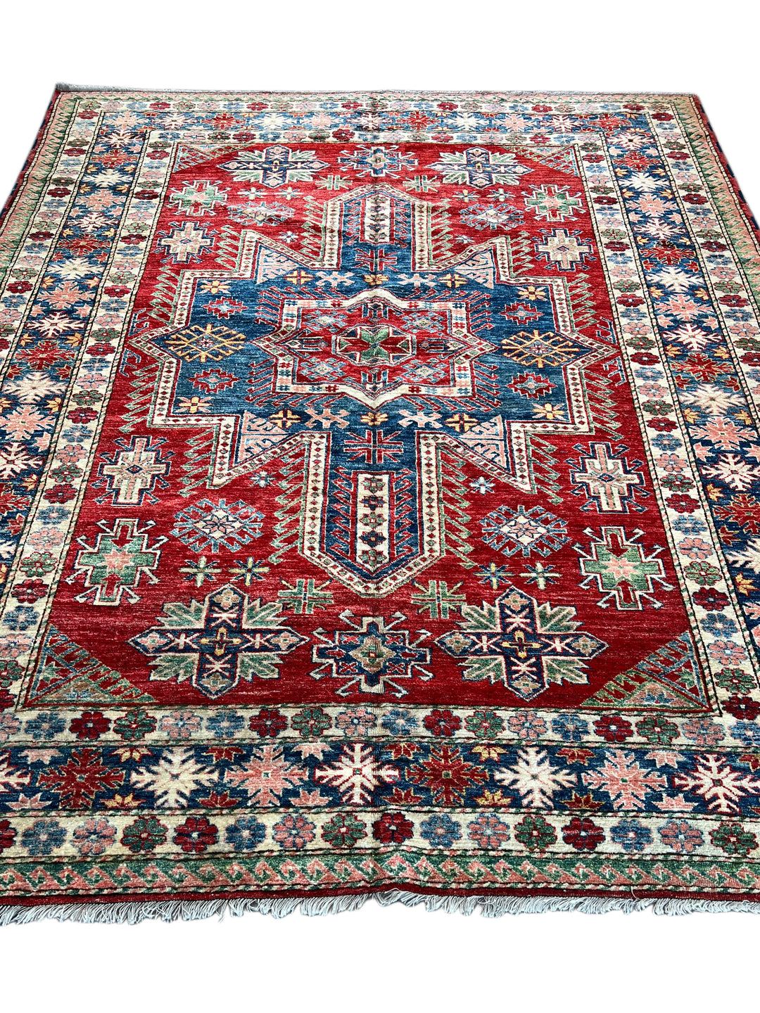 Rich Red &amp; Deep Blue Geometric Kazak Style Rug – 7’5” x 8’9”