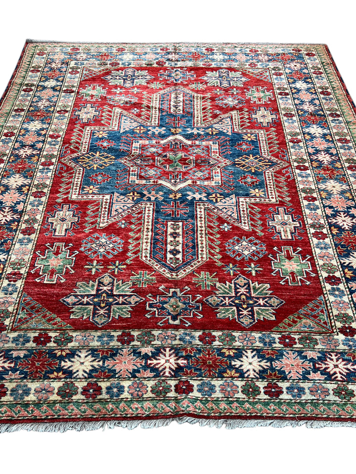 Rich Red &amp; Deep Blue Geometric Kazak Style Rug – 7’5” x 8’9”