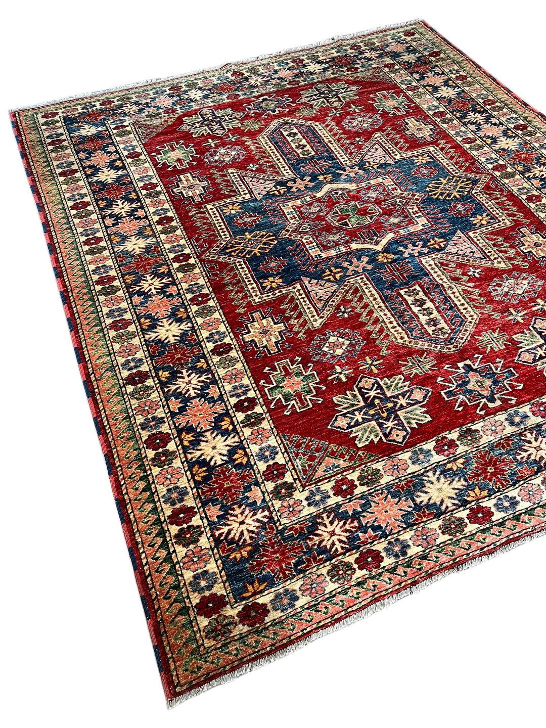 Rich Red &amp; Deep Blue Geometric Kazak Style Rug – 7’5” x 8’9”
