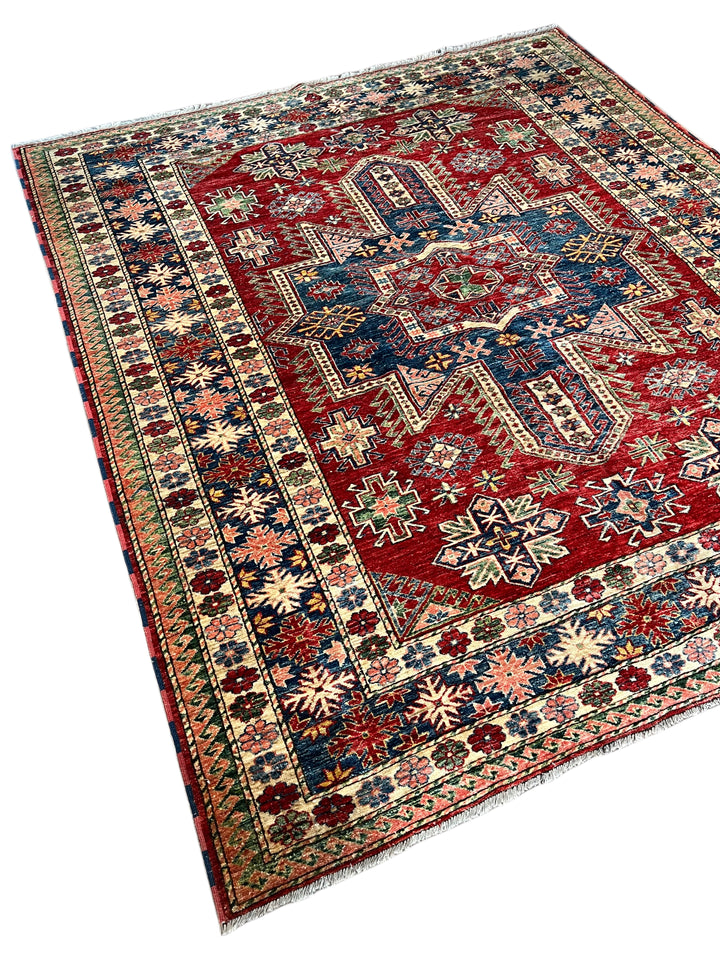 Rich Red &amp; Deep Blue Geometric Kazak Style Rug – 7’5” x 8’9”