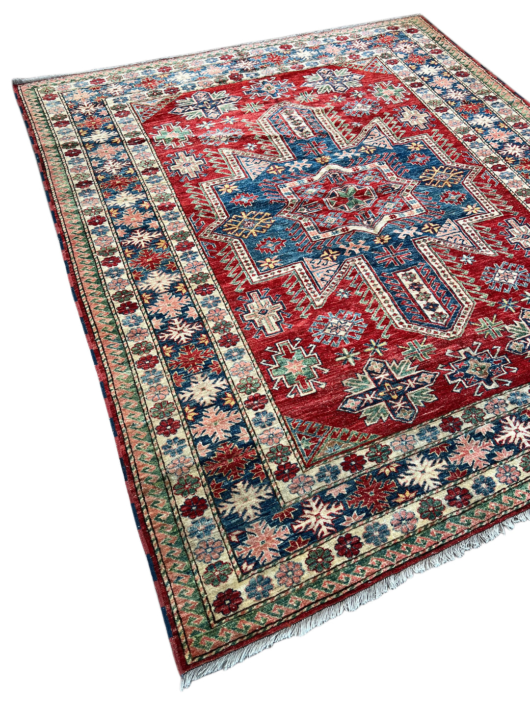 Rich Red &amp; Deep Blue Geometric Kazak Style Rug – 7’5” x 8’9”