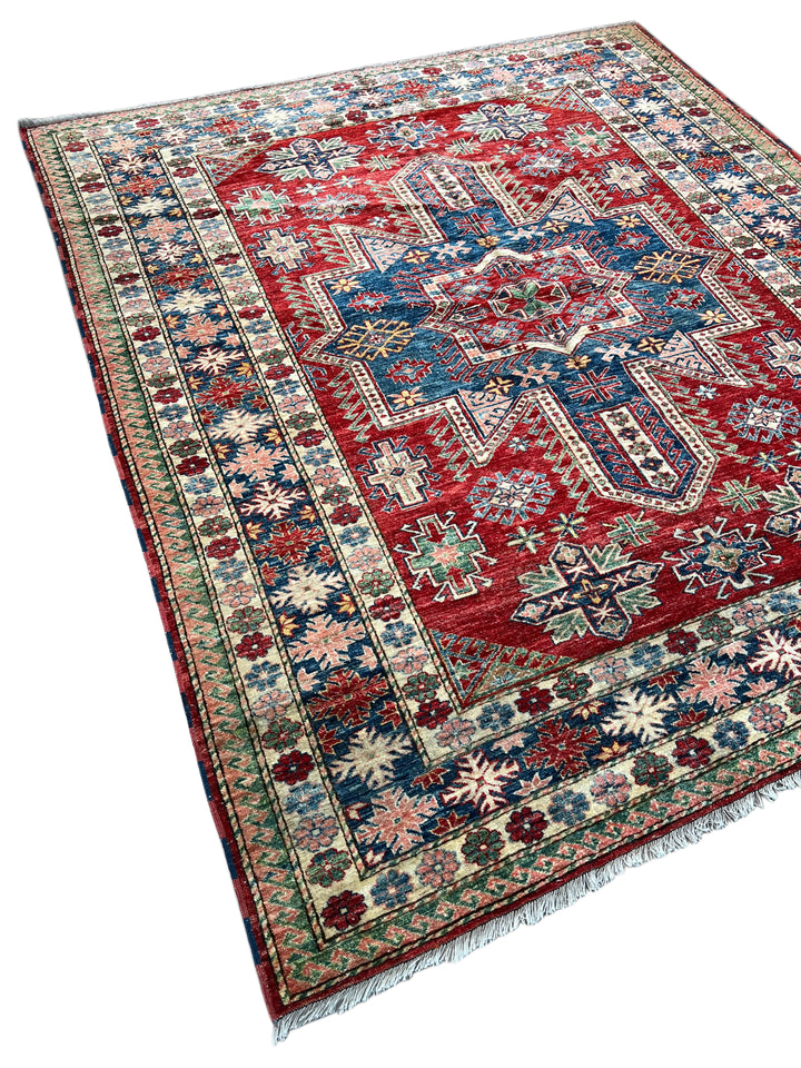 Rich Red &amp; Deep Blue Geometric Kazak Style Rug – 7’5” x 8’9”