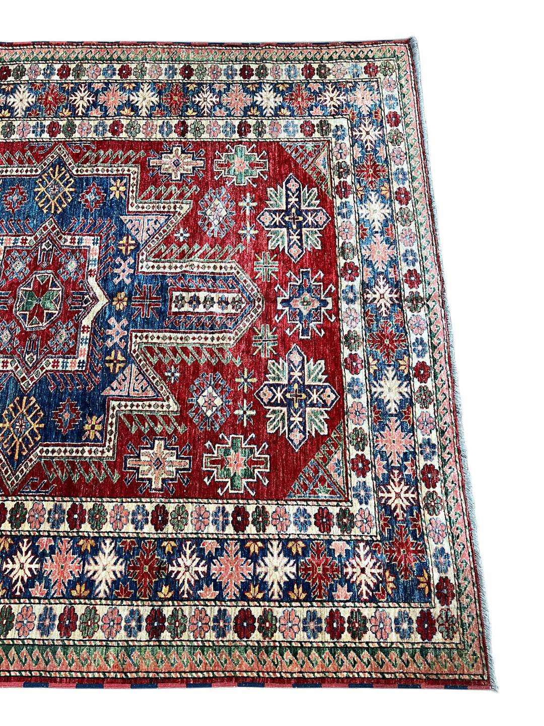 Rich Red &amp; Deep Blue Geometric Kazak Style Rug – 7’5” x 8’9”