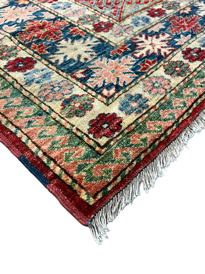Rich Red &amp; Deep Blue Geometric Kazak Style Rug – 7’5” x 8’9”
