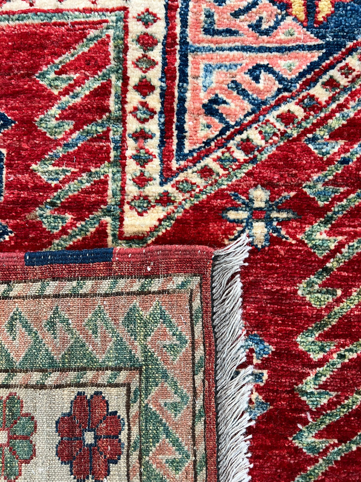 Rich Red &amp; Deep Blue Geometric Kazak Style Rug – 7’5” x 8’9”