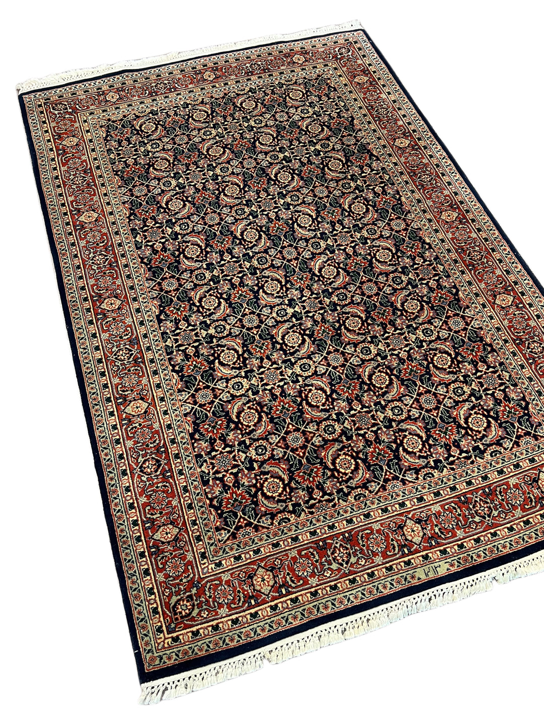 Deep Navy &amp; Rust Herati Tabriz Style Rug – 4’0” x 6’1”
