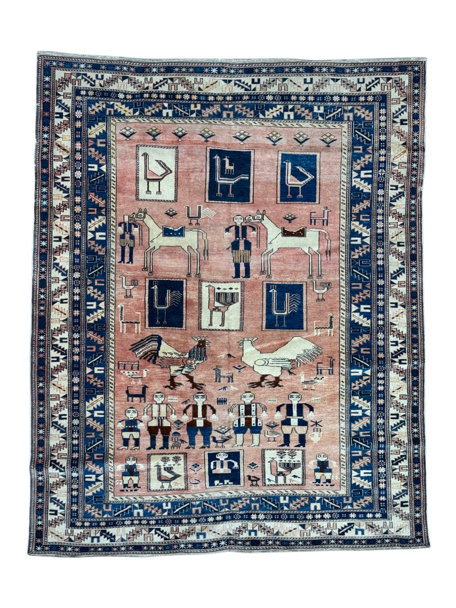 Peach & Navy Pictorial Armenian Caucasian Style Rug, Circa 1960 – 5’6” x 6’10”