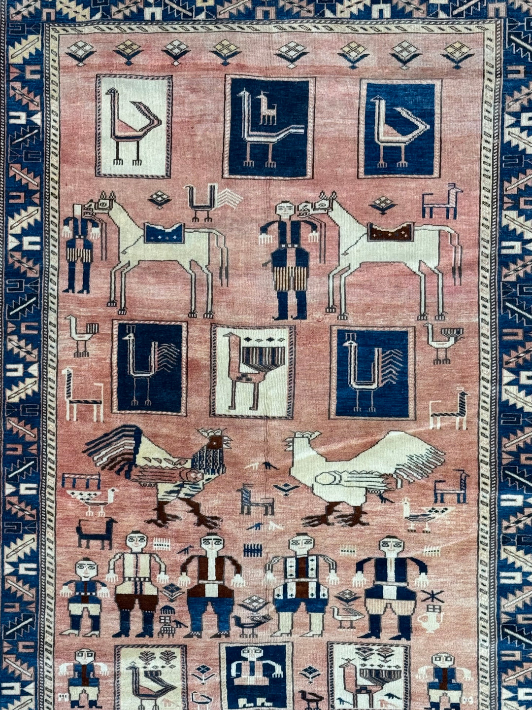 Peach &amp; Navy Pictorial Armenian Caucasian Style Rug, Circa 1960 – 5’6” x 6’10”