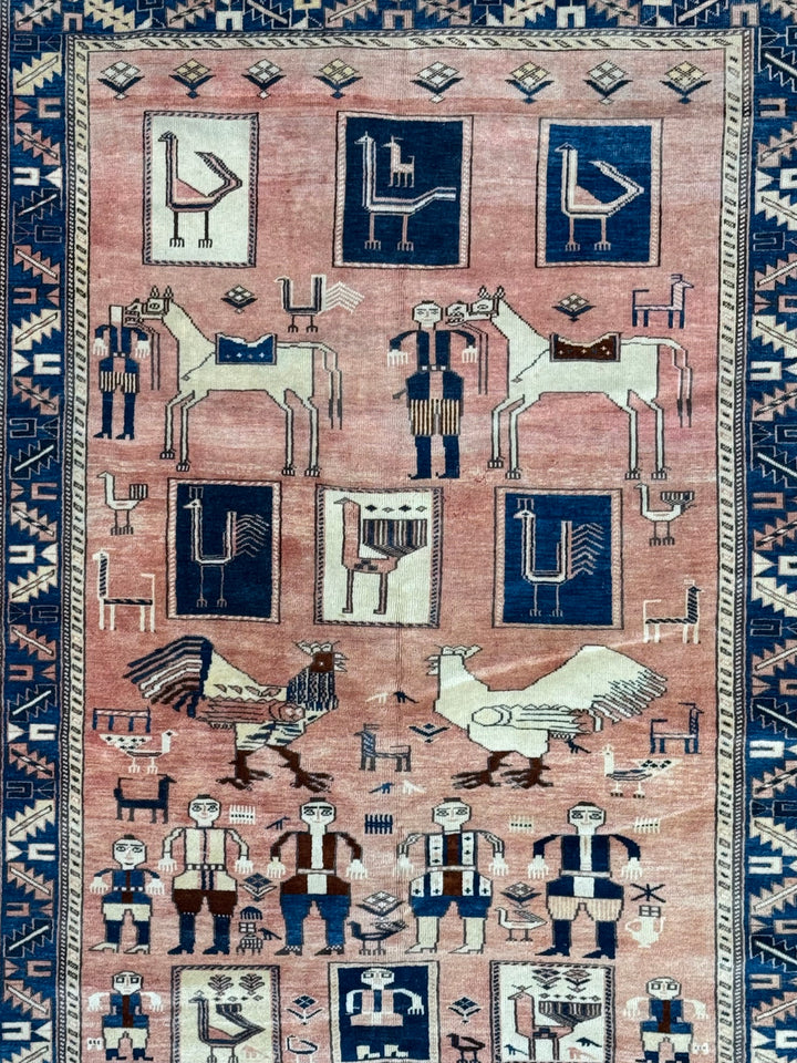 Peach &amp; Navy Pictorial Armenian Caucasian Style Rug, Circa 1960 – 5’6” x 6’10”