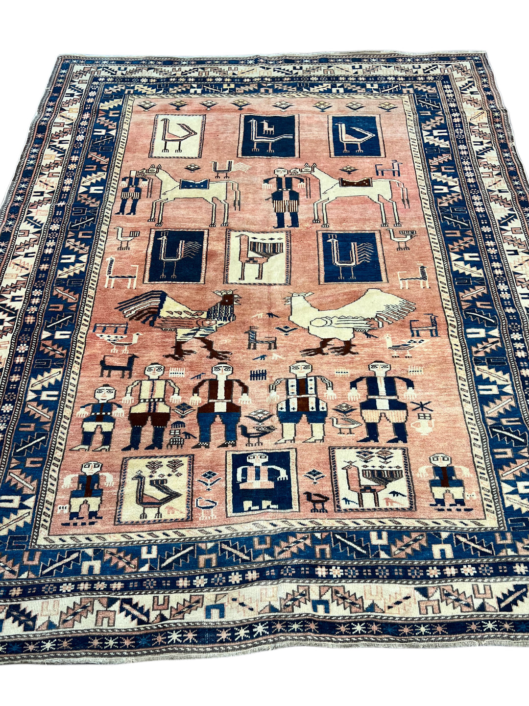Peach &amp; Navy Pictorial Armenian Caucasian Style Rug, Circa 1960 – 5’6” x 6’10”