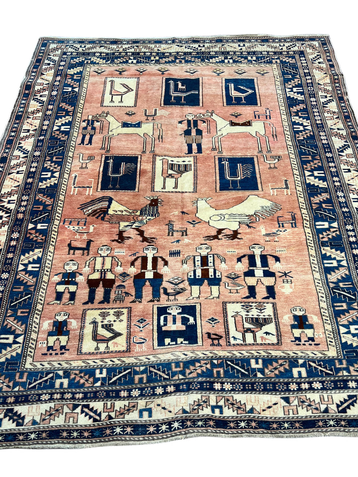 Peach &amp; Navy Pictorial Armenian Caucasian Style Rug, Circa 1960 – 5’6” x 6’10”