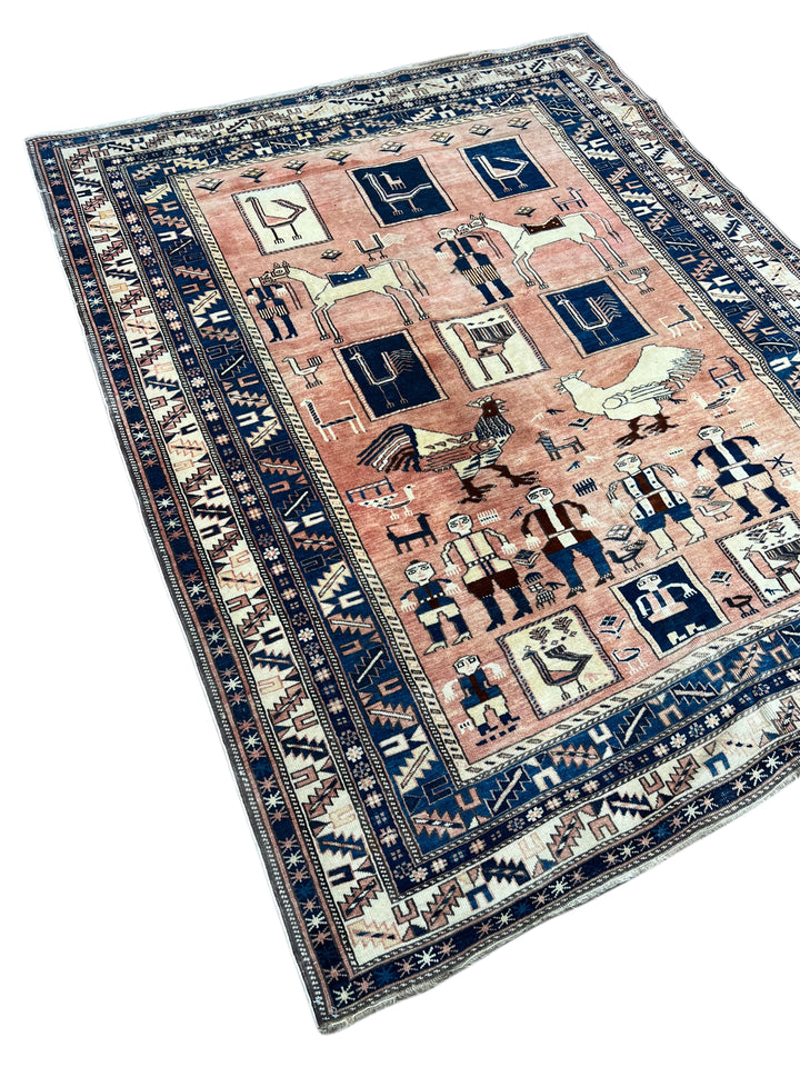 Peach &amp; Navy Pictorial Armenian Caucasian Style Rug, Circa 1960 – 5’6” x 6’10”