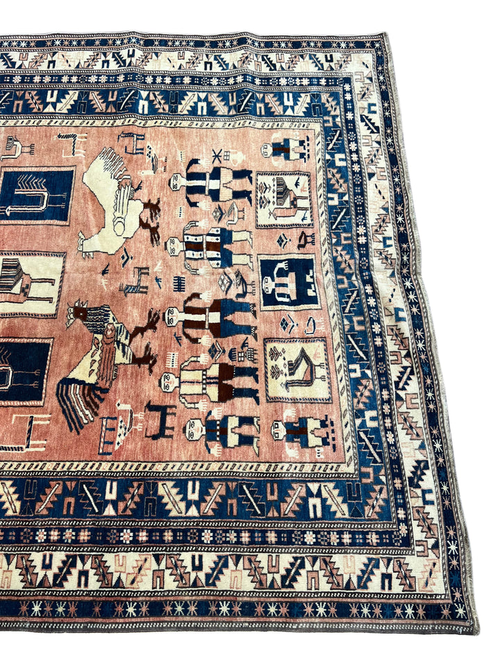 Peach &amp; Navy Pictorial Armenian Caucasian Style Rug, Circa 1960 – 5’6” x 6’10”