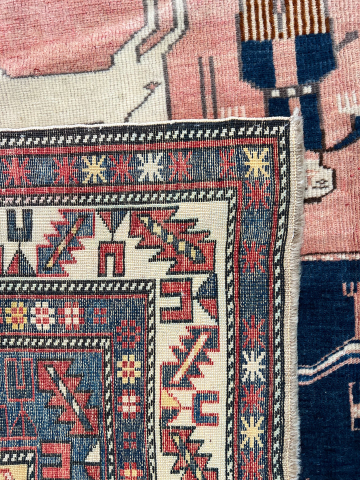 Peach &amp; Navy Pictorial Armenian Caucasian Style Rug, Circa 1960 – 5’6” x 6’10”