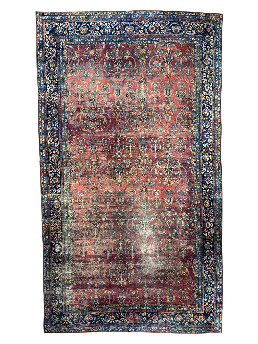 Brick Red & Navy Antique Kashan Style Rug, Circa 1920 – 8’6” x 14’11”