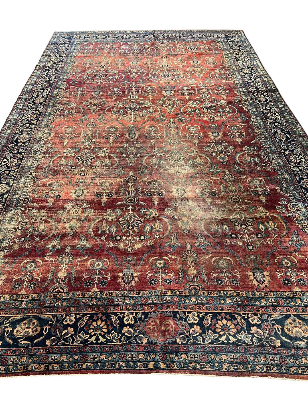 Brick Red &amp; Navy Antique Kashan Style Rug, Circa 1920 – 8’6” x 14’11”