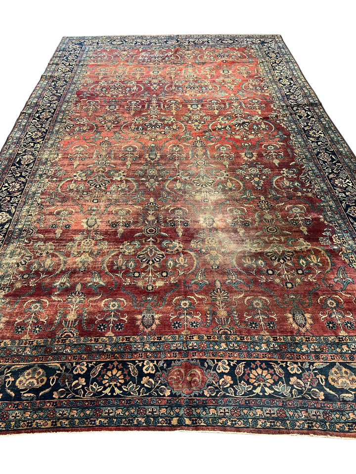 Brick Red &amp; Navy Antique Kashan Style Rug, Circa 1920 – 8’6” x 14’11”