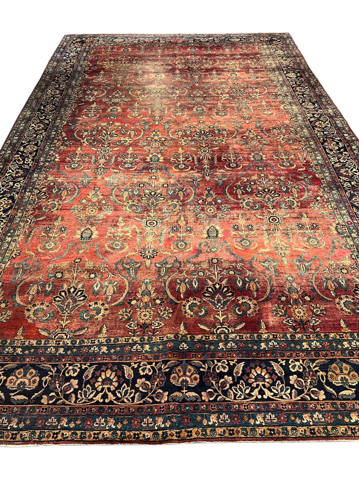 Brick Red &amp; Navy Antique Kashan Style Rug, Circa 1920 – 8’6” x 14’11”
