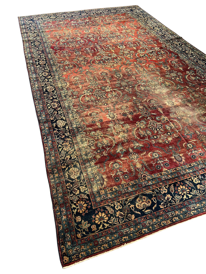 Brick Red &amp; Navy Antique Kashan Style Rug, Circa 1920 – 8’6” x 14’11”