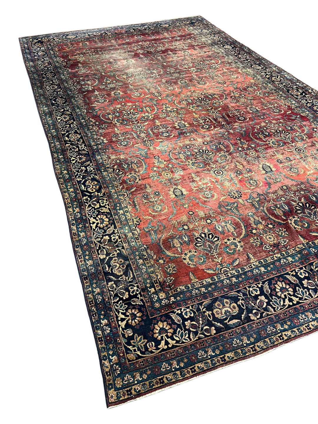Brick Red &amp; Navy Antique Kashan Style Rug, Circa 1920 – 8’6” x 14’11”