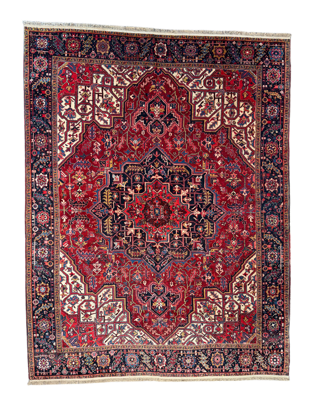 Red &amp; Navy Heriz Rug with Geometric Medallion – 9’9” x 12’9”