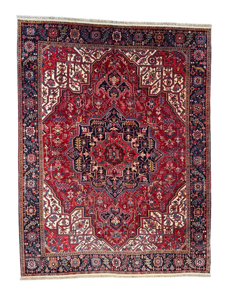 Red &amp; Navy Heriz Rug with Geometric Medallion – 9’9” x 12’9”
