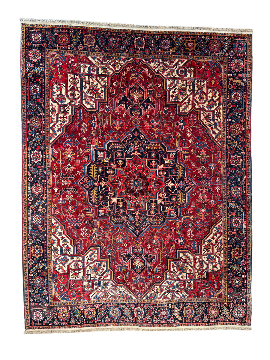 Red & Navy Heriz Rug with Geometric Medallion – 9’9” x 12’9”