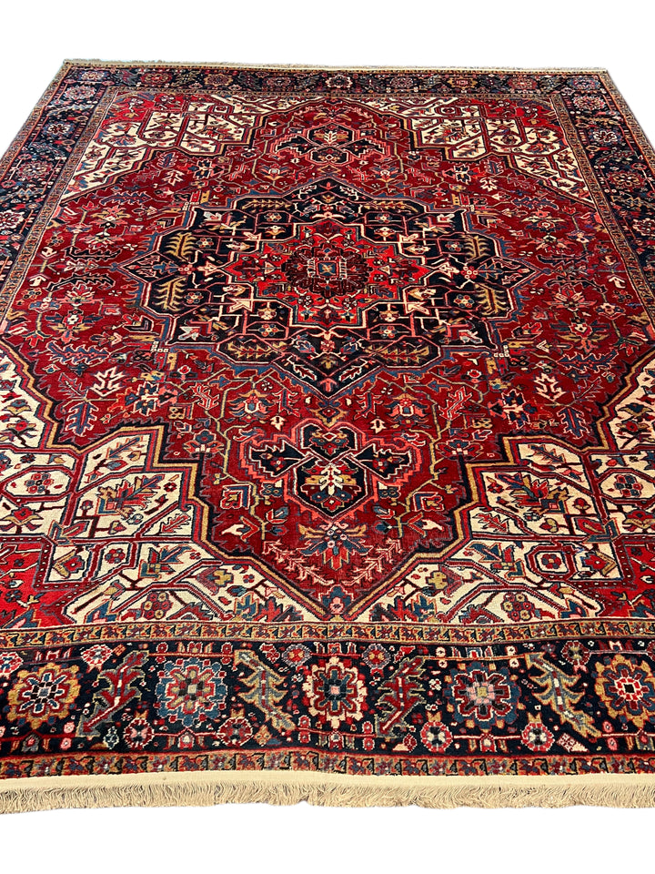 Red &amp; Navy Heriz Rug with Geometric Medallion – 9’9” x 12’9”