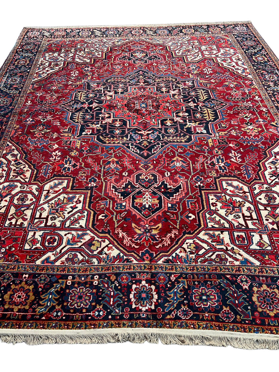 Red &amp; Navy Heriz Rug with Geometric Medallion – 9’9” x 12’9”