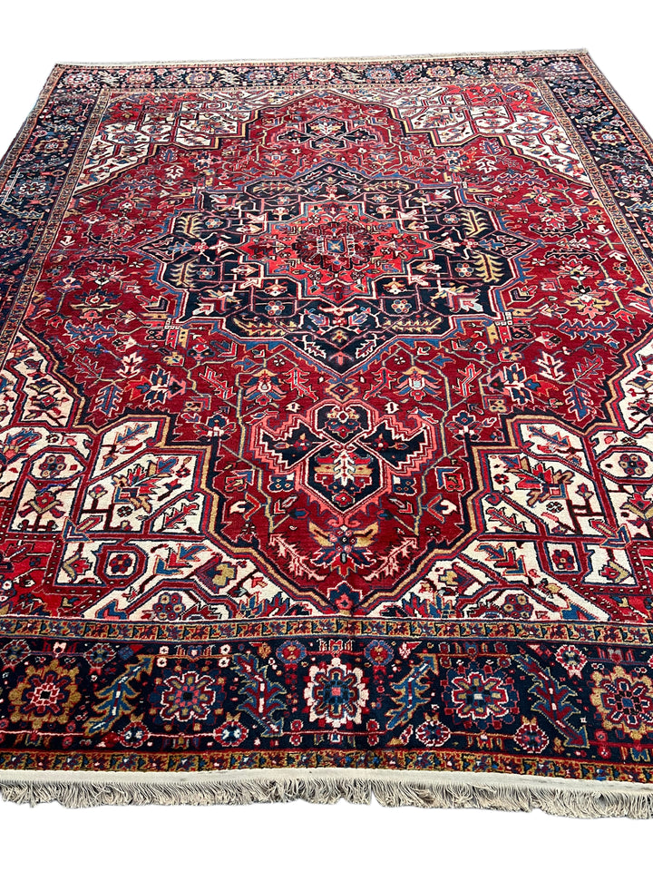 Red &amp; Navy Heriz Rug with Geometric Medallion – 9’9” x 12’9”