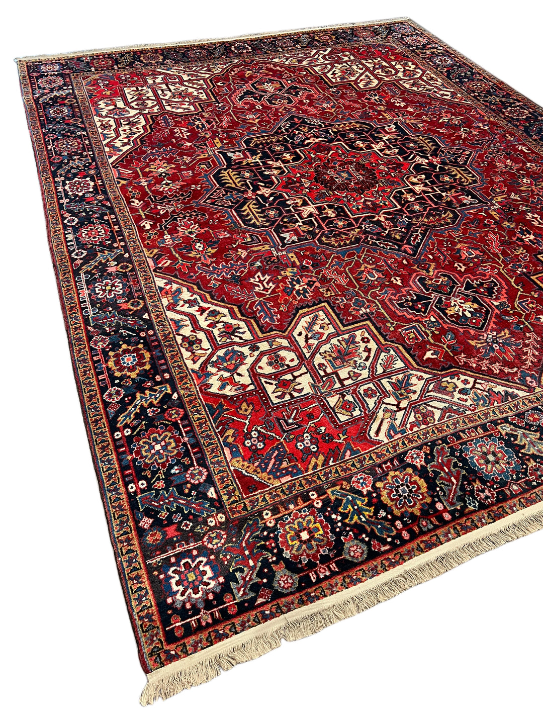 Red &amp; Navy Heriz Rug with Geometric Medallion – 9’9” x 12’9”