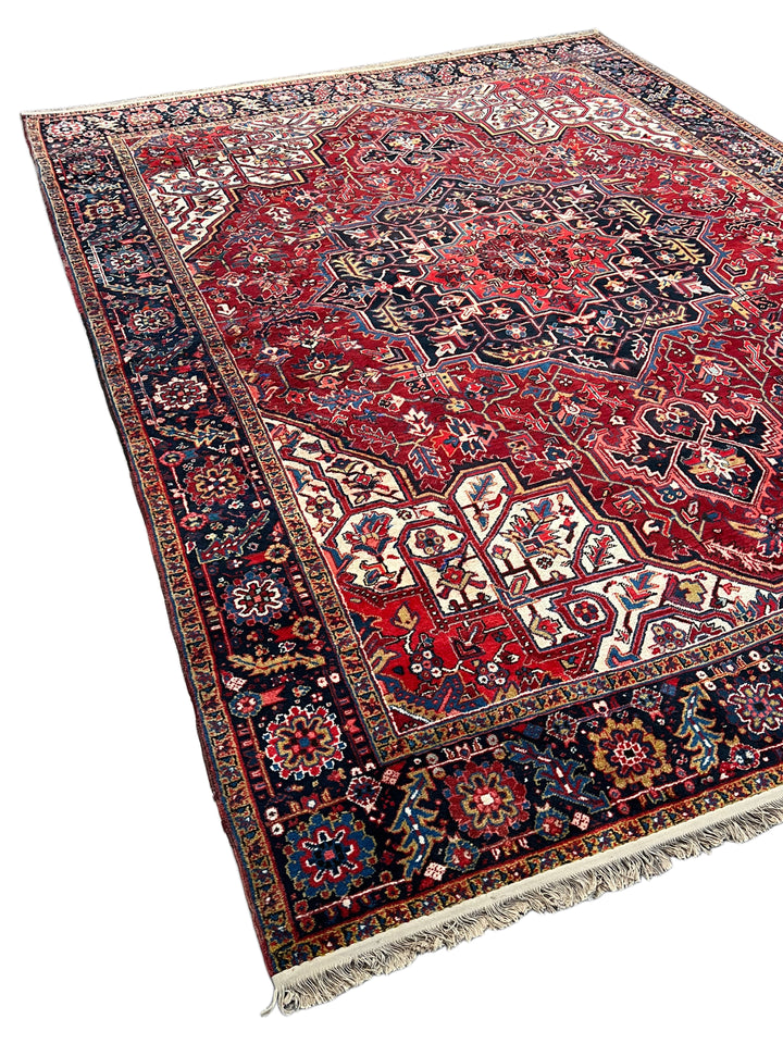 Red &amp; Navy Heriz Rug with Geometric Medallion – 9’9” x 12’9”