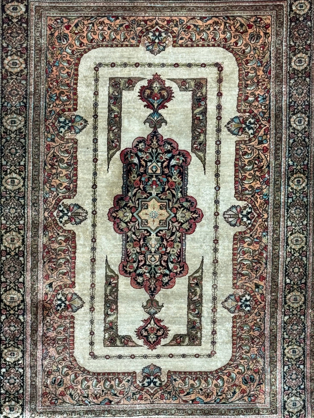 Ivory &amp; Soft Peach Silk Qum Rug – Circa 1960 – 3’5” x 5’1”