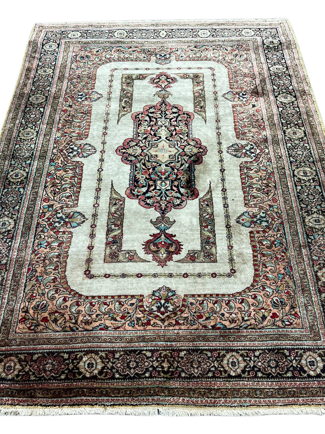 Ivory &amp; Soft Peach Silk Qum Rug – Circa 1960 – 3’5” x 5’1”