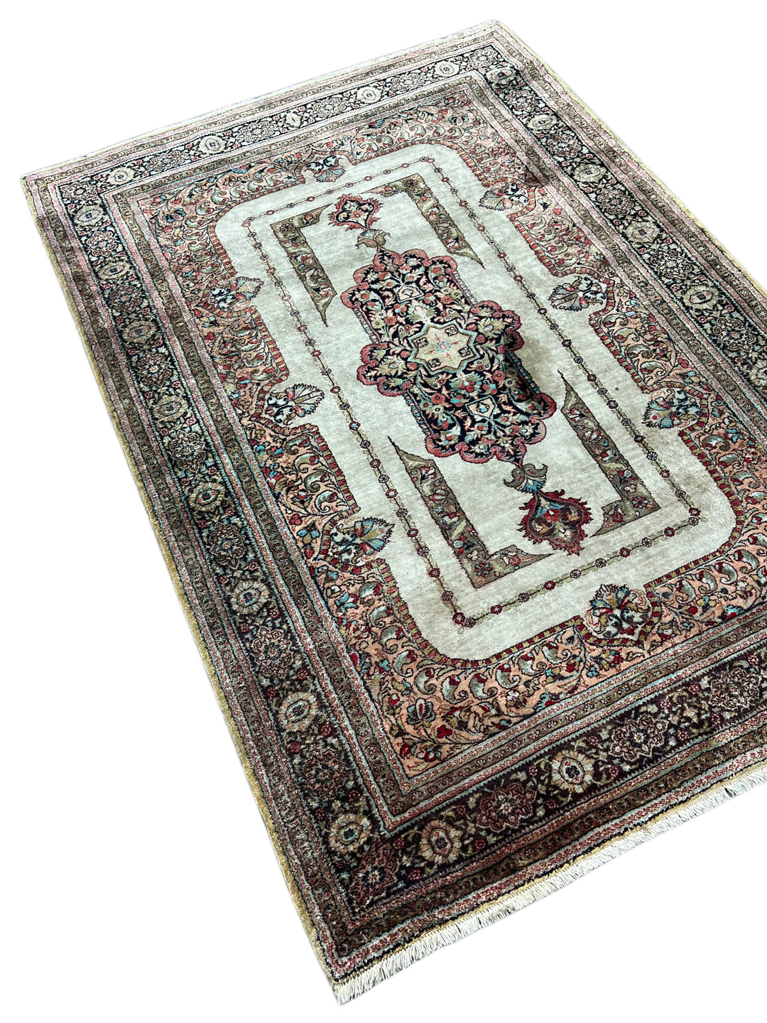 Ivory &amp; Soft Peach Silk Qum Rug – Circa 1960 – 3’5” x 5’1”