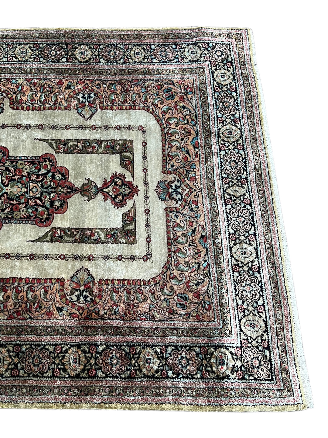 Ivory &amp; Soft Peach Silk Qum Rug – Circa 1960 – 3’5” x 5’1”