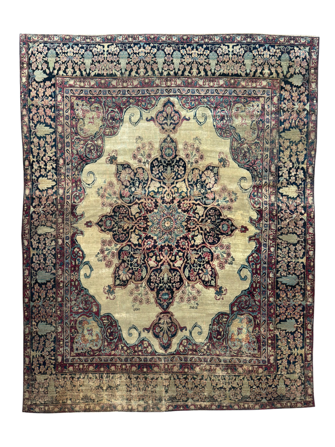 Ivory, Navy &amp; Burgundy Antique Lavar Kerman Rug, circa 1880 – 8’0” x 10’2”