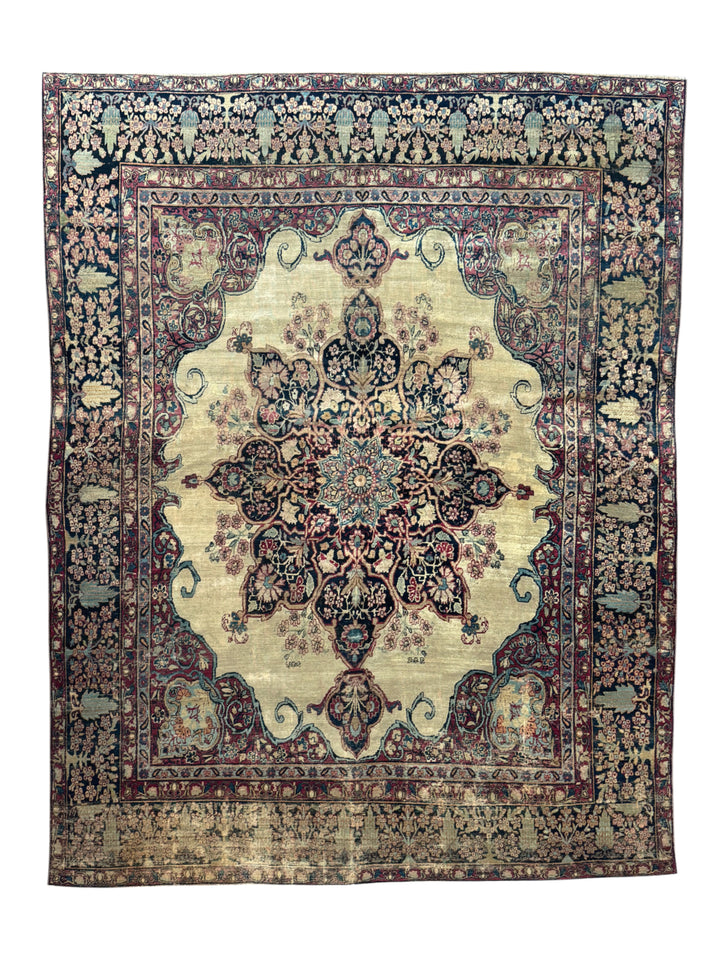 Ivory, Navy &amp; Burgundy Antique Lavar Kerman Rug, circa 1880 – 8’0” x 10’2”