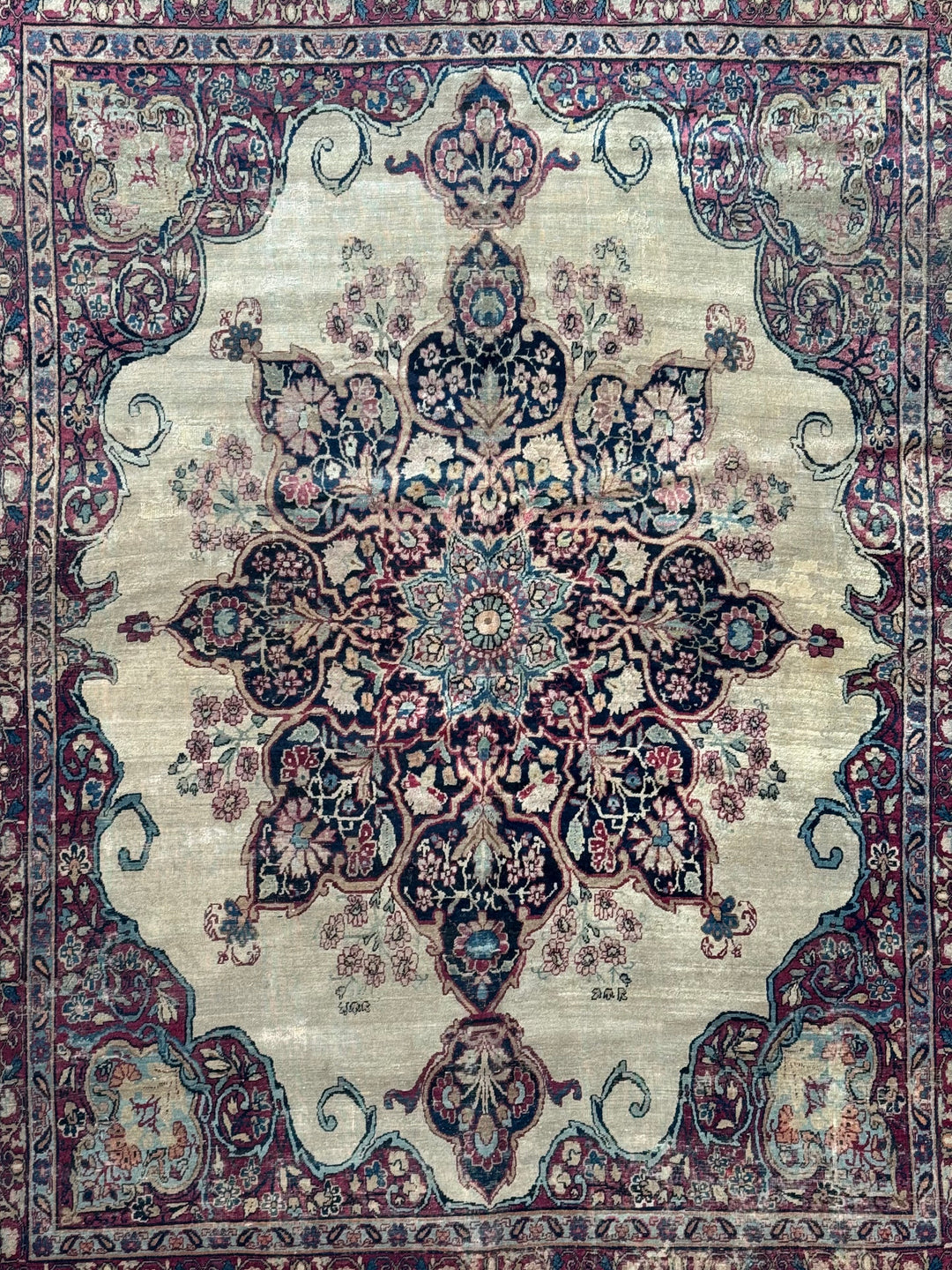 Ivory, Navy &amp; Burgundy Antique Lavar Kerman Rug, circa 1880 – 8’0” x 10’2”