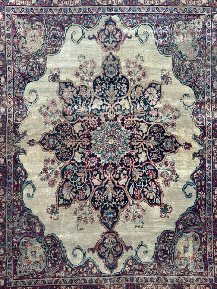 Ivory, Navy &amp; Burgundy Antique Lavar Kerman Rug, circa 1880 – 8’0” x 10’2”