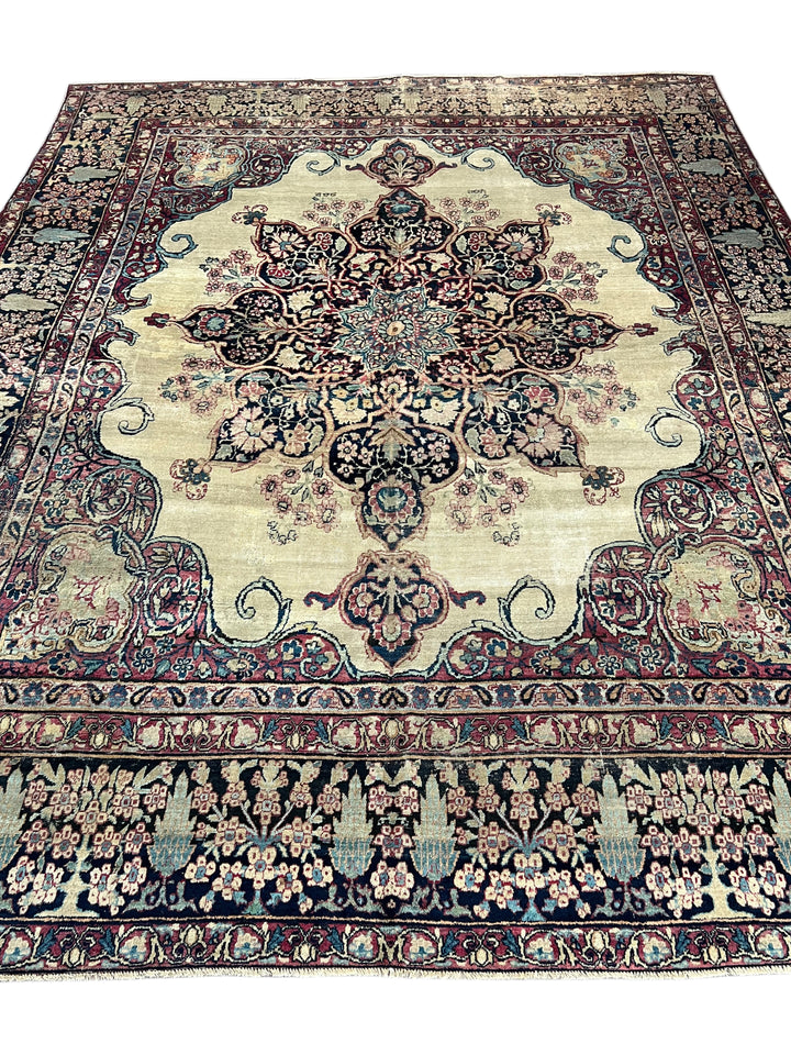 Ivory, Navy &amp; Burgundy Antique Lavar Kerman Rug, circa 1880 – 8’0” x 10’2”