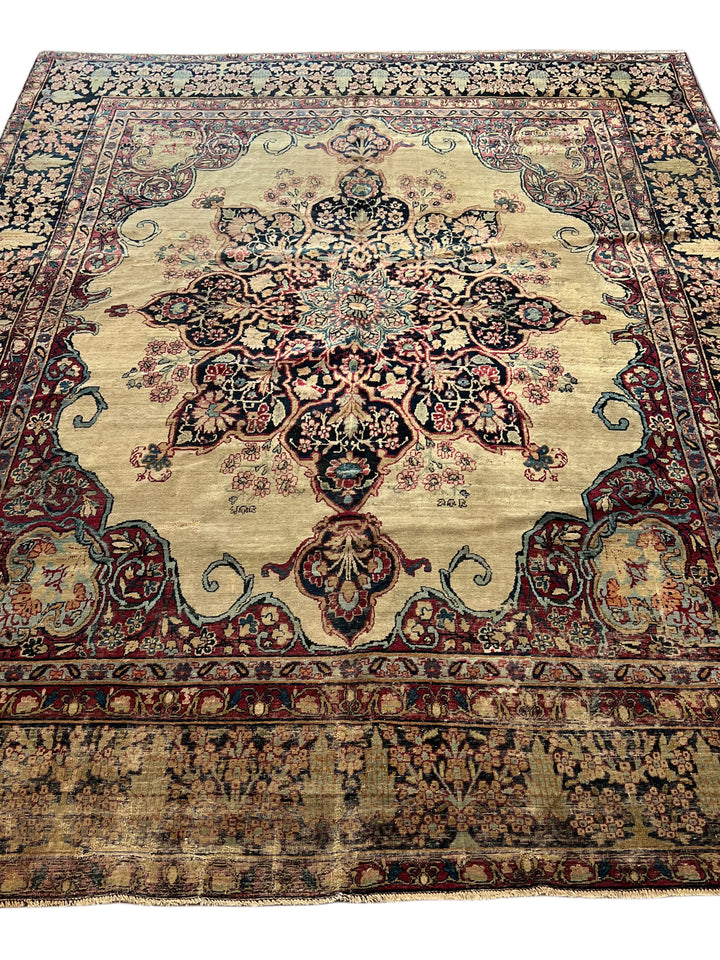 Ivory, Navy &amp; Burgundy Antique Lavar Kerman Rug, circa 1880 – 8’0” x 10’2”