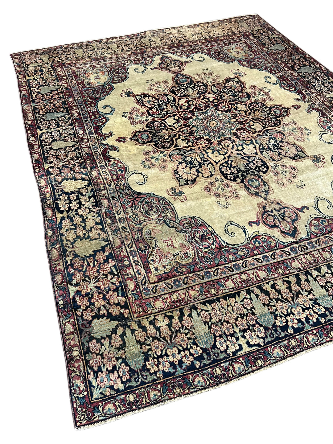 Ivory, Navy &amp; Burgundy Antique Lavar Kerman Rug, circa 1880 – 8’0” x 10’2”
