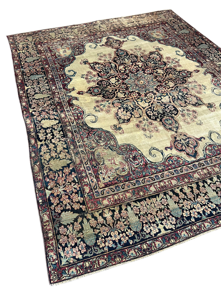 Ivory, Navy &amp; Burgundy Antique Lavar Kerman Rug, circa 1880 – 8’0” x 10’2”