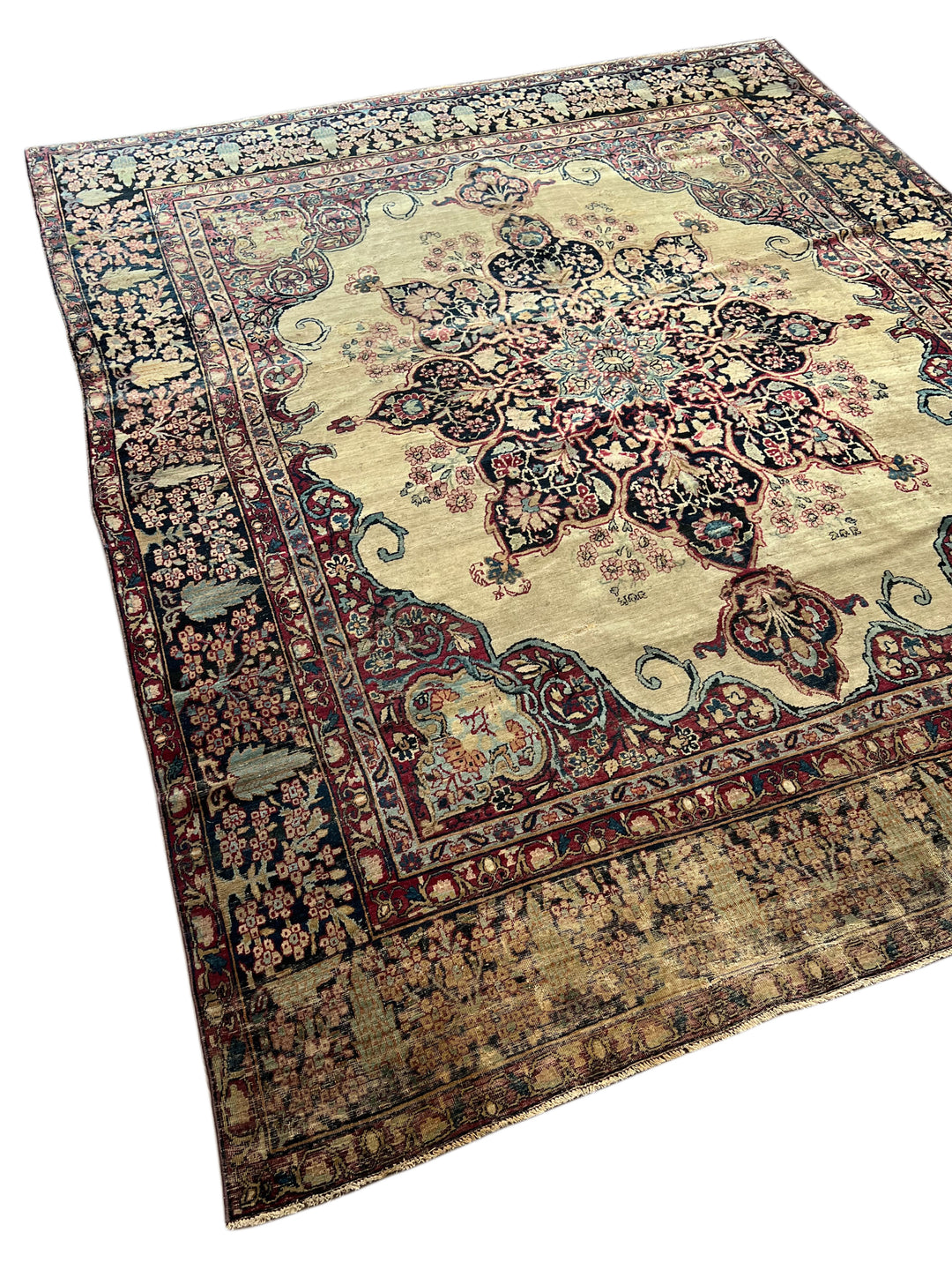 Ivory, Navy &amp; Burgundy Antique Lavar Kerman Rug, circa 1880 – 8’0” x 10’2”
